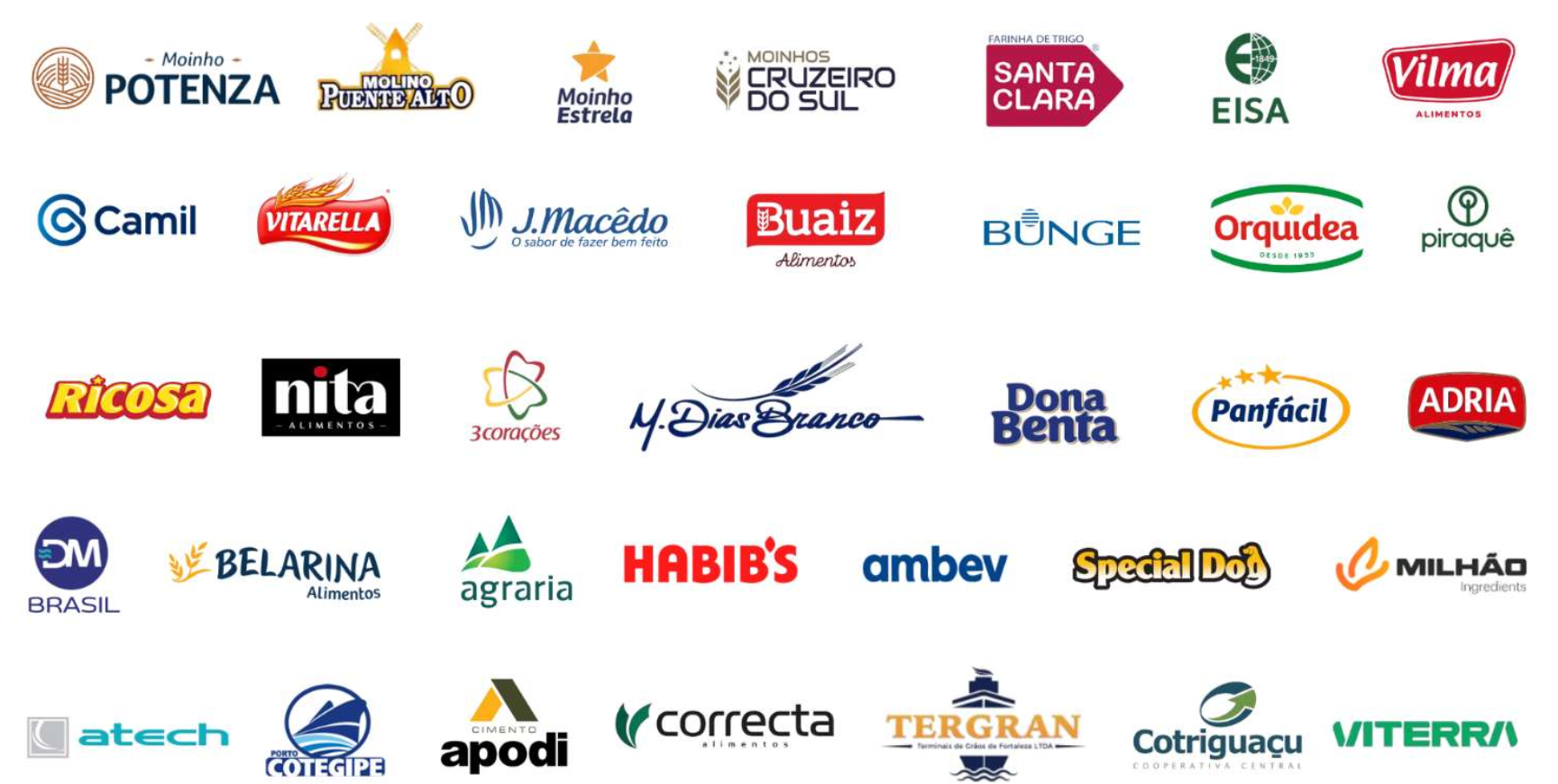 Logomarcas dos clientes Idugel — Moinho Potenza, Molino Puente Alto, Moinho Estrela, Moinhos Cruzeiro do Sul, Santa Clara, EISA, Vilma, Camil, Vitarella, J.Macêdo, Buaiz, Bunge, Orquídea, Piraquê, Ricosa, Nita, 3 Corações, M. Dias Branco, Dona Benta, Panfácil, Adria, DM Brasil, Belarina, Agraria, Habib's, Ambev, Special Dog, Milhão, Atech, Porto Cotegipe, Cimento Apodi, Correcta, Tergran, Cotriguaçu, Viterra